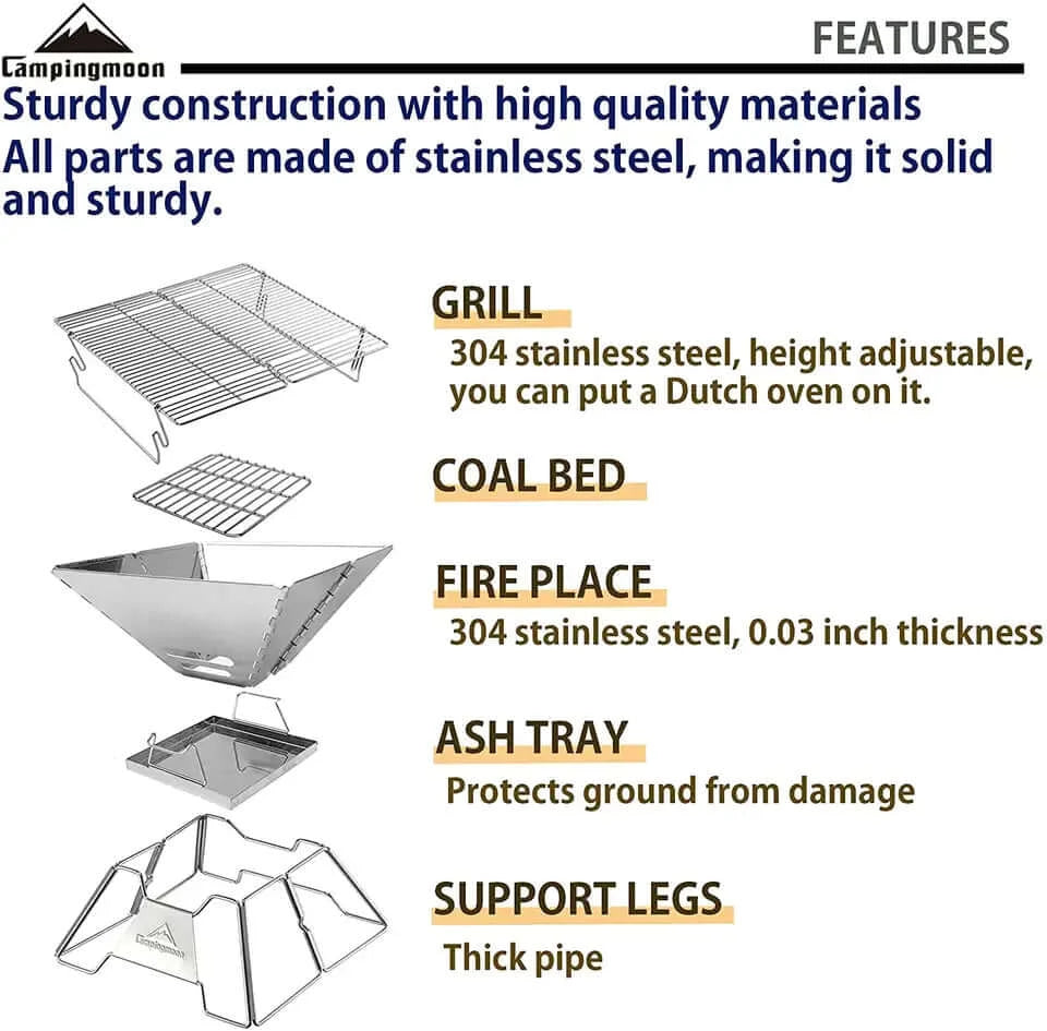 CAMPING MOON Portable Folding Stainless Steel Camp Stove BBQ Grill  7.48-inch, Cooks for 1-2 People, with Carrying Bag X-Mini - campingmoon